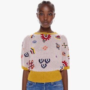 Mother Powder Puff Short Sleeve Sweater Ticket to Ride Bold Print Size Large